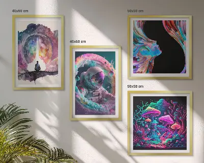 Zestaw 4 obrazów w ramie kolorowe ilustracje z motywem fantasy