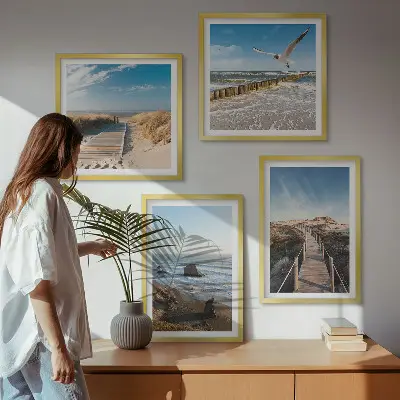 Zestaw 4 obrazów w ramie plaża z falami, niebem i molo podczas spaceru