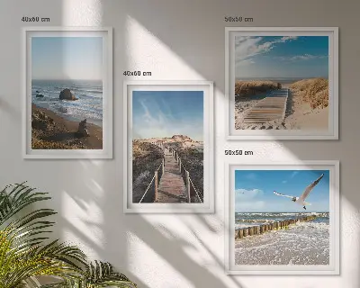 Zestaw 4 obrazów w ramie plaża z falami, niebem i molo podczas spaceru