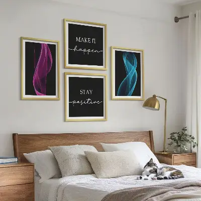Zestaw 4 obrazów w ramie przedstawiający fale z neonowymi liniami