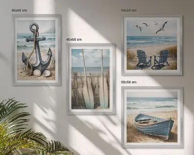 Zestaw 4 obrazów w ramie z motywem kotwicy, łódki, wioseł i plaży