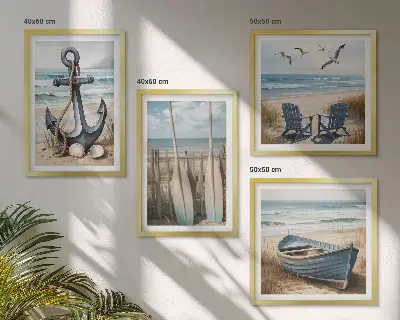 Zestaw 4 obrazów w ramie z motywem kotwicy, łódki, wioseł i plaży
