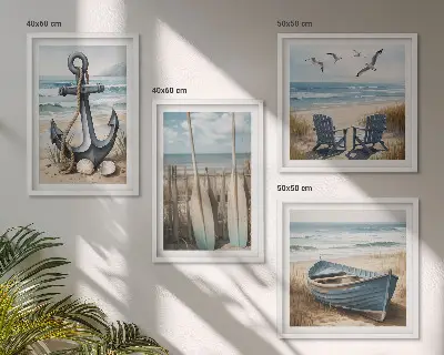 Zestaw 4 obrazów w ramie z motywem kotwicy, łódki, wioseł i plaży