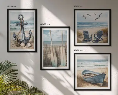 Zestaw 4 obrazów w ramie z motywem kotwicy, łódki, wioseł i plaży