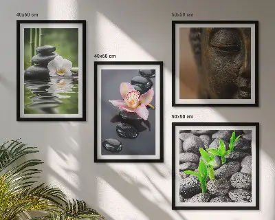 Zestaw 4 obrazów w ramie spokojna kompozycja w stylu zen z kwiatami i Buddą