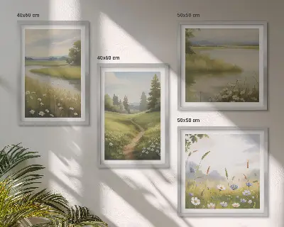 Wiosenny krajobraz z rzeką i łąką poliptyk w ramie