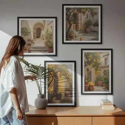Patio z drzewami cytrusowymi zestaw 4 obrazów w ramie