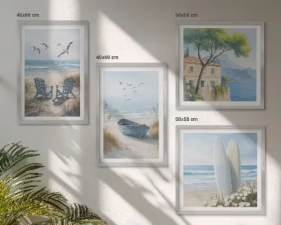 Poliptyk w ramie plaża z deskami surfingowymi łodzią i ptakami