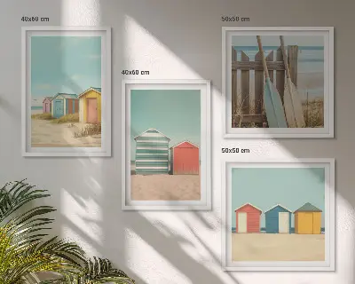 Kolorowe domki na plaży zestaw 4 obrazów w ramie