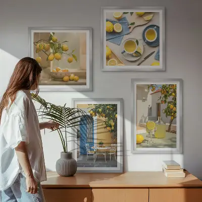 Zestaw obrazów dekoracyjnych cytryny, lemoniada i niebieskie drzwi