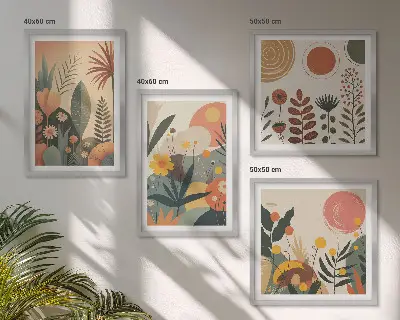 Zestaw 4 obrazów w ramie z motywem roślinnym w ciepłych barwach boho