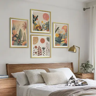 Zestaw 4 obrazów w ramie z motywem roślinnym w ciepłych barwach boho