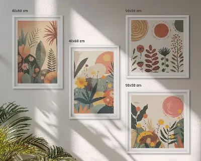 Zestaw 4 obrazów w ramie z motywem roślinnym w ciepłych barwach boho