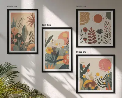 Zestaw 4 obrazów w ramie z motywem roślinnym w ciepłych barwach boho