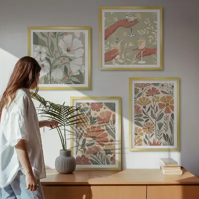 Poliptyk w ramie kwiatowe wzory w kolorach pomarańczowym i zielonym