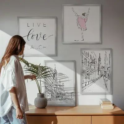 Zestaw 4 obrazów w ramie stylowe grafiki z motywem baletnicy i architektury
