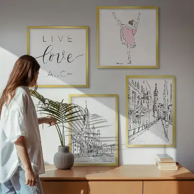Zestaw 4 obrazów w ramie stylowe grafiki z motywem baletnicy i architektury