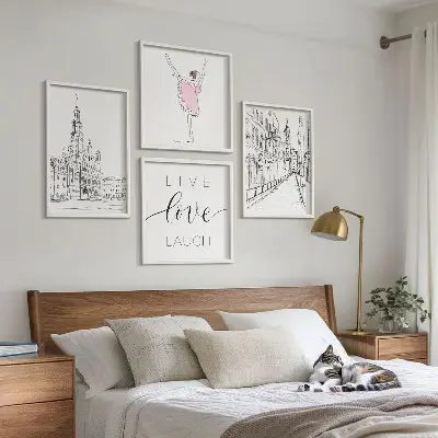 Zestaw 4 obrazów w ramie stylowe grafiki z motywem baletnicy i architektury