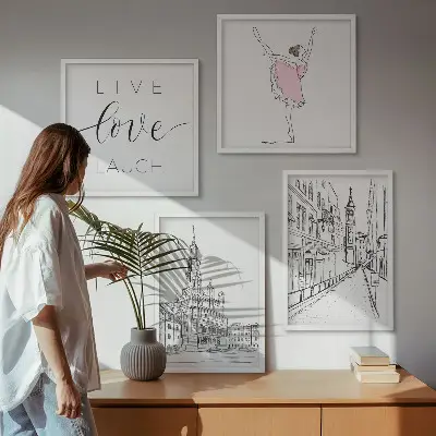 Zestaw 4 obrazów w ramie stylowe grafiki z motywem baletnicy i architektury