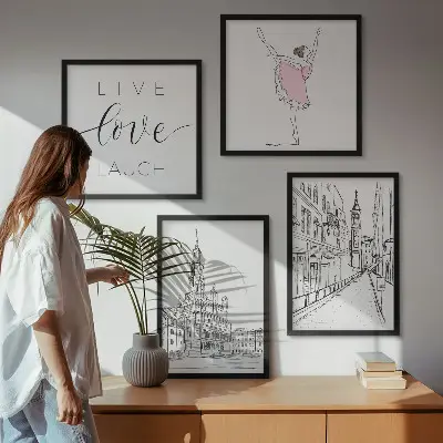 Zestaw 4 obrazów w ramie stylowe grafiki z motywem baletnicy i architektury