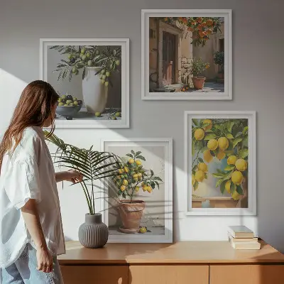 Cytrynowe drzewka w doniczkach zestaw 4 obrazów w ramie