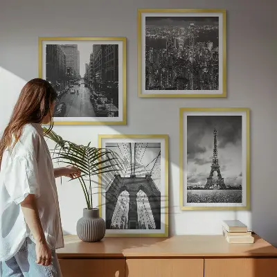 Zestaw obrazów dekoracyjnych przedstawiający monochromatyczne wieże i mosty