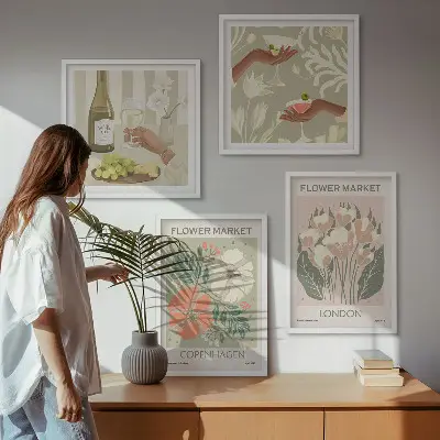 Zestaw 4 obrazów w ramie z motywem kwiatów, wina i miast