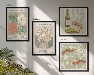 Zestaw 4 obrazów w ramie z motywem kwiatów, wina i miast