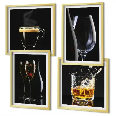 Zestaw 4 obrazów w ramie z motywem whisky, wina, szampana i kawy