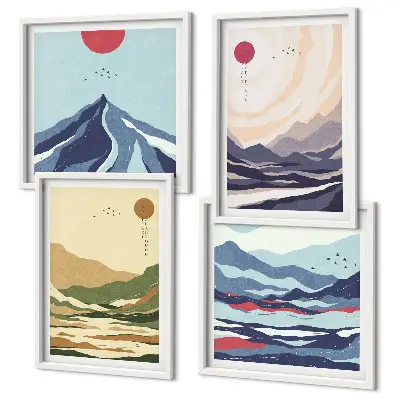Zestaw 4 obrazów w ramie Góry pastelowe styl japandi