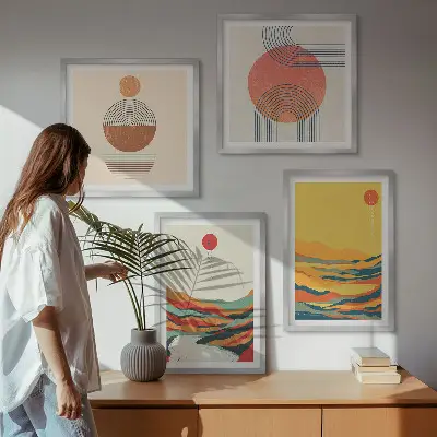 Zestaw 4 obrazów w ramie z kolorowymi wzorami gór i rzek w stylu japandi