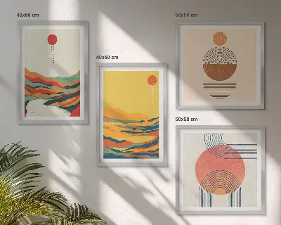 Zestaw 4 obrazów w ramie z kolorowymi wzorami gór i rzek w stylu japandi