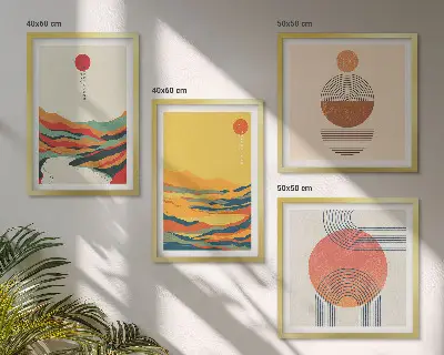 Zestaw 4 obrazów w ramie z kolorowymi wzorami gór i rzek w stylu japandi