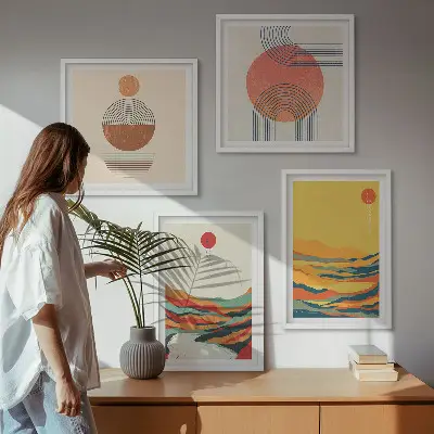 Zestaw 4 obrazów w ramie z kolorowymi wzorami gór i rzek w stylu japandi