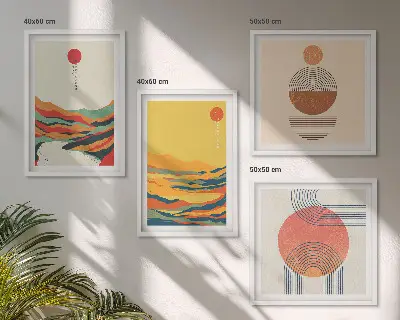 Zestaw 4 obrazów w ramie z kolorowymi wzorami gór i rzek w stylu japandi