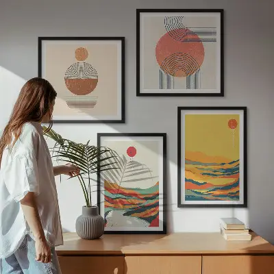 Zestaw 4 obrazów w ramie z kolorowymi wzorami gór i rzek w stylu japandi