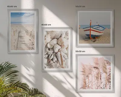 Zestaw obrazów dekoracyjnych z plażą łódką muszlami i trawą w stylu boho