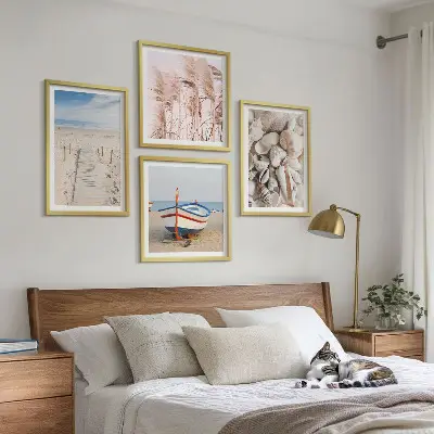 Zestaw obrazów dekoracyjnych z plażą łódką muszlami i trawą w stylu boho
