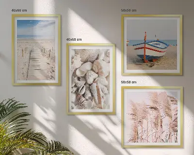 Zestaw obrazów dekoracyjnych z plażą łódką muszlami i trawą w stylu boho
