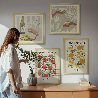 Zestaw 4 obrazów w ramie przedstawiające kwiaty wino oraz motywy z Mediolanu i Paryża