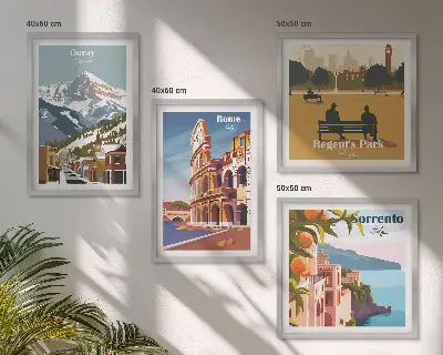 Zestaw obrazów dekoracyjnych z retro ilustracjami znanych miejsc