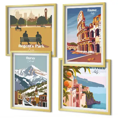 Zestaw obrazów dekoracyjnych z retro ilustracjami znanych miejsc