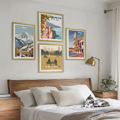 Zestaw obrazów dekoracyjnych z retro ilustracjami znanych miejsc