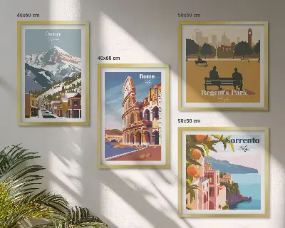 Zestaw obrazów dekoracyjnych z retro ilustracjami znanych miejsc