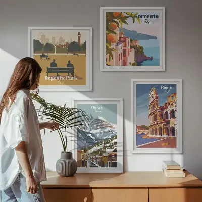 Zestaw obrazów dekoracyjnych z retro ilustracjami znanych miejsc