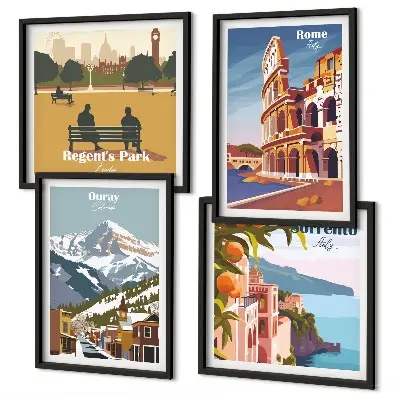 Zestaw obrazów dekoracyjnych z retro ilustracjami znanych miejsc