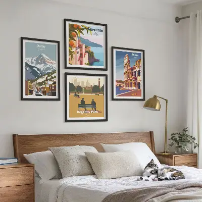 Zestaw obrazów dekoracyjnych z retro ilustracjami znanych miejsc