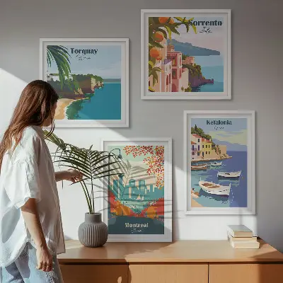 Zestaw 4 obrazów w ramach Retro widoki miast świata zestaw czterech obrazów w ramach z motywem retro widoków miast świata