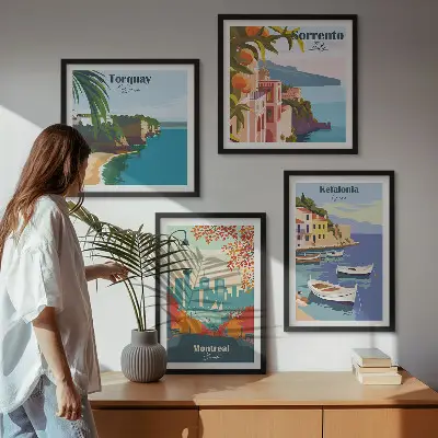 Zestaw 4 obrazów w ramach Retro widoki miast świata zestaw czterech obrazów w ramach z motywem retro widoków miast świata