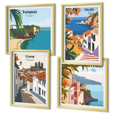 Zestaw obrazów dekoracyjnych retro ilustracje miast świata